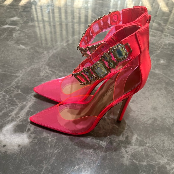 Fashion Nova Translucent Hot Pink Rhinestone Ankle Strap Pointed Toe Heels SZ 7 - Picture 1 of 6